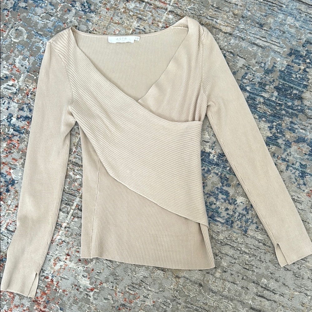 ASTR The Label Beige Ribbed Wrap Top